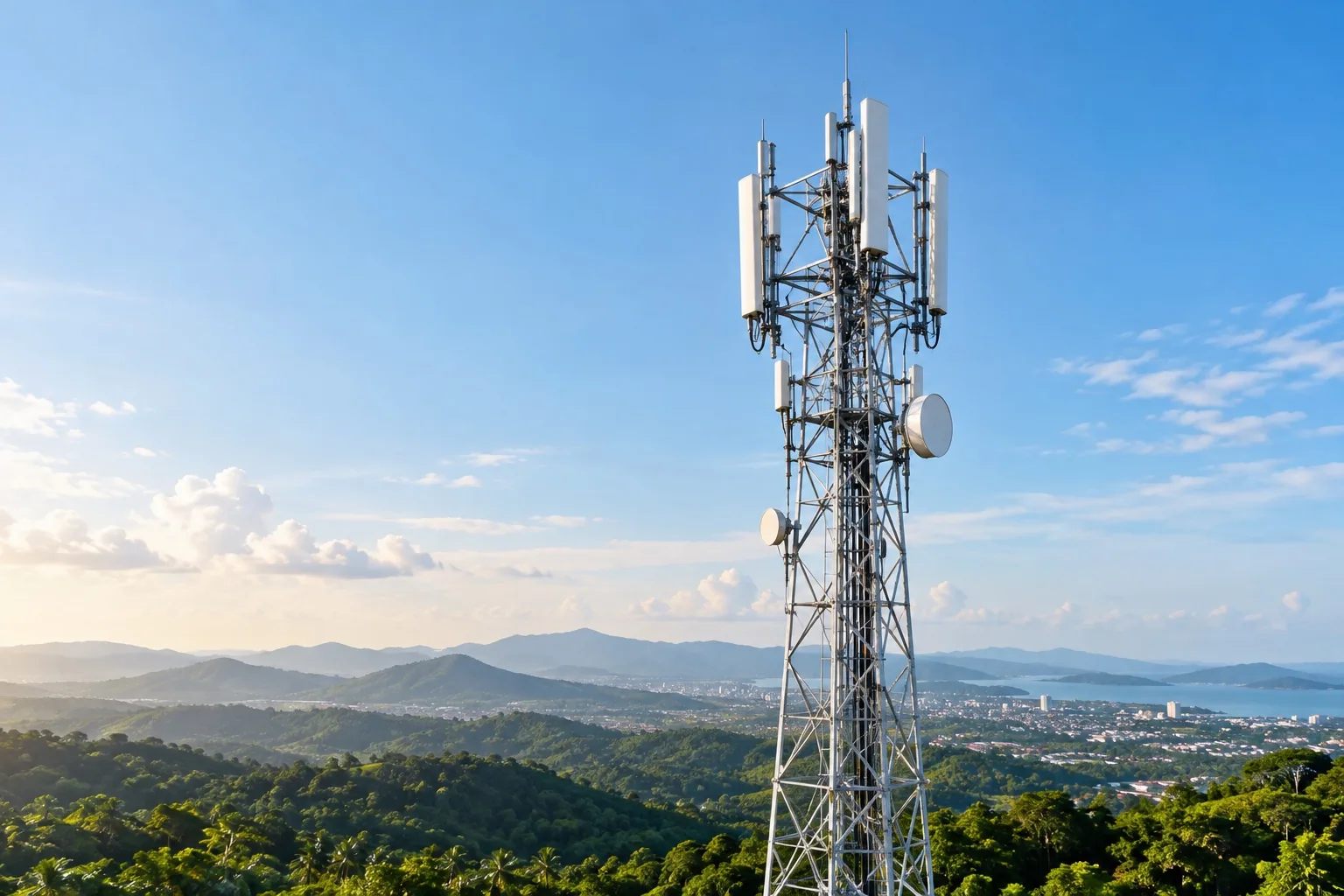 Illustration of a telecommunications tower in a tropical landscape